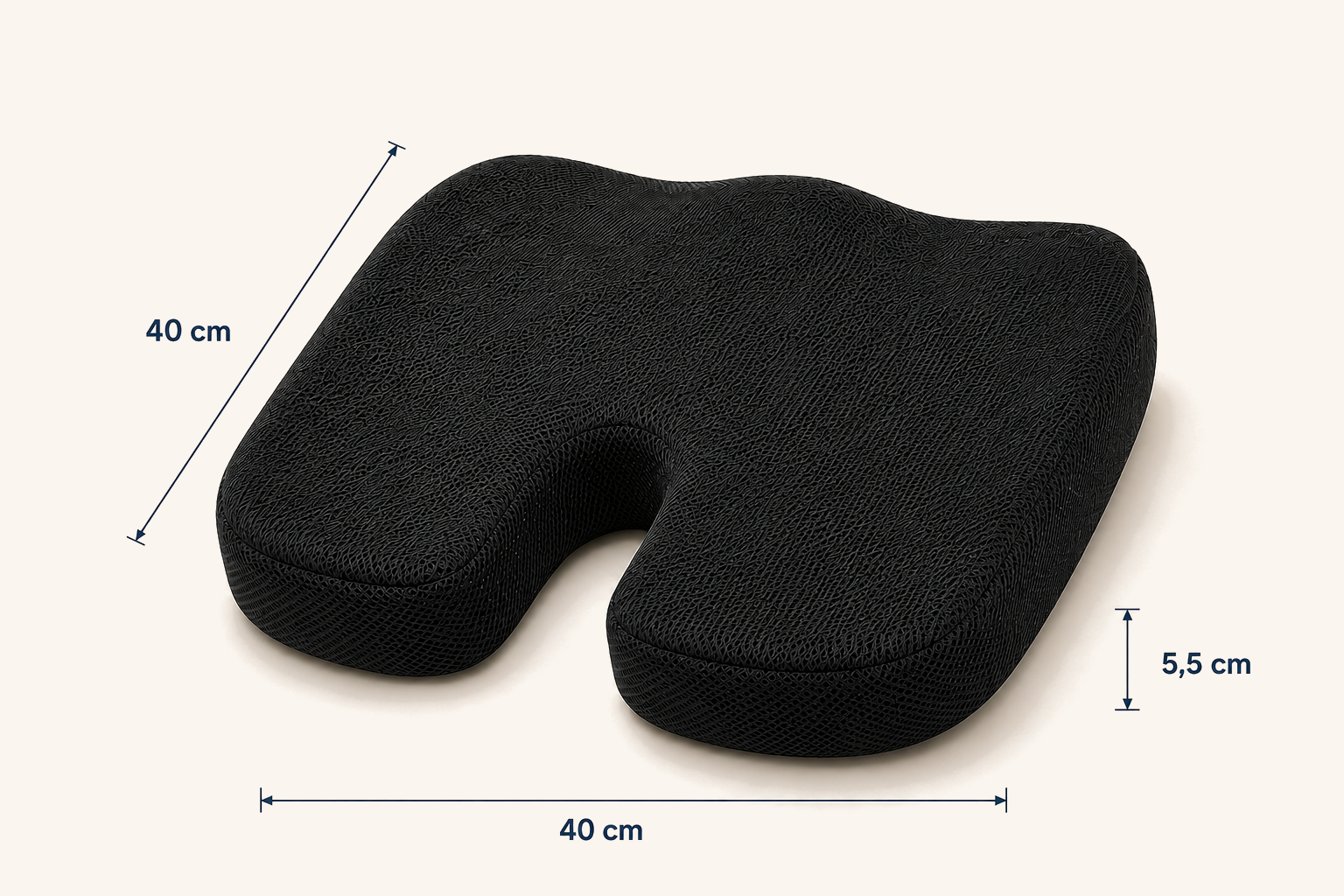 Schéma coté du coussin coccyx, 40 x 40 x 5,5 cm