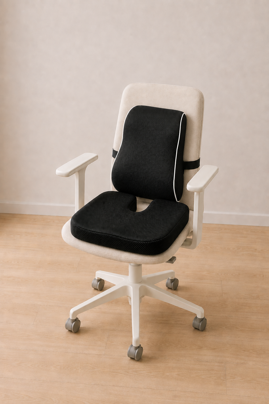 Assise équipée des deux coussins, coccyx et lombaire